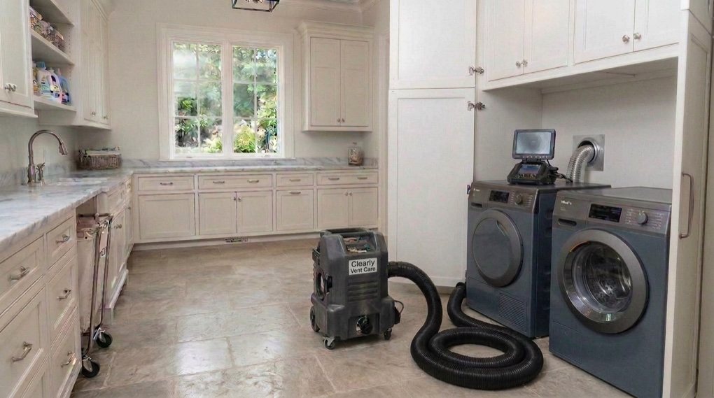Clearly Vent Care equipment connected to a dryer vent in a laundry room