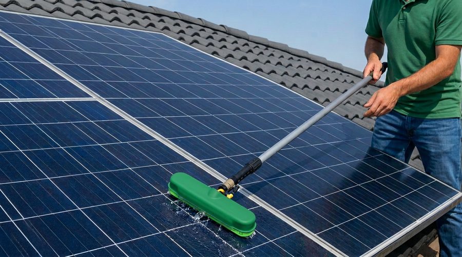Solar panels on a rooftop being cleaned with pure, filtered water