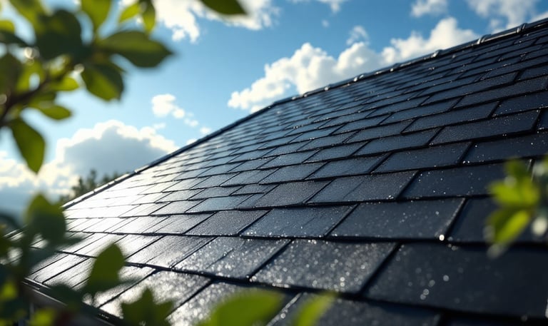 A roof that just received a cleaning on a bright clear blue sky day 