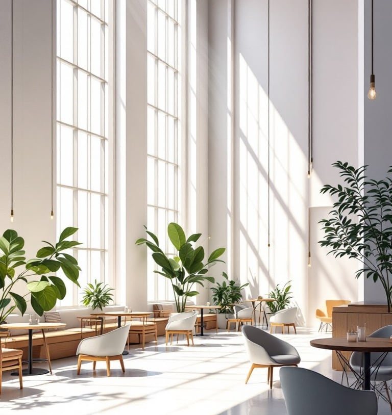 A white and bright coffee lounge with floor to ceiling windows surrounded by green plants & sunlight