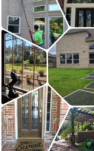Collage of a window cleaning job in Missouri City, TX: second-story window cleaning, a clean reflective bay window, and a freshly washed front entrance