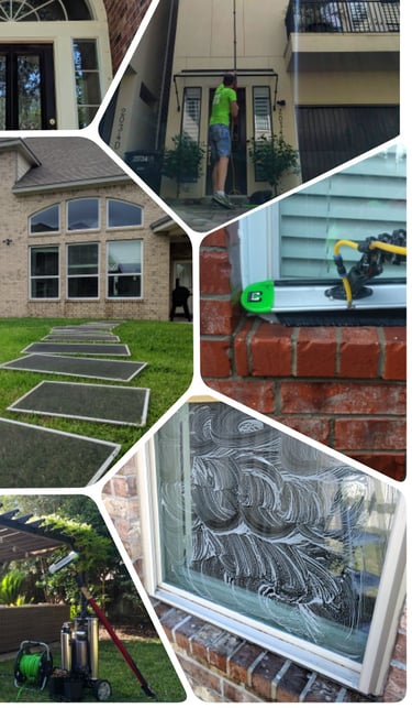 Collage of a window cleaning job in Missouri City, TX: second-story window cleaning, a clean reflective bay window, and a freshly washed front entrance