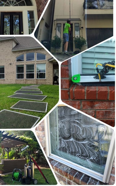 Collage of a window cleaning job in Missouri City, TX: second-story window cleaning, a clean reflective bay window, and a freshly washed front entrance