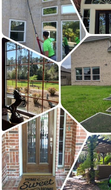 Collage of a window cleaning job in Missouri City, TX: second-story window cleaning, a clean reflective bay window, and a freshly washed front entrance
